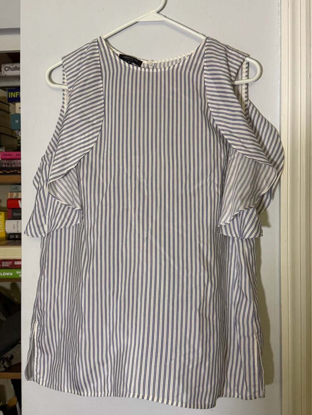 Lafayette 148 New York Blouse Size M Blue White Striped Silk Cold Shoulder